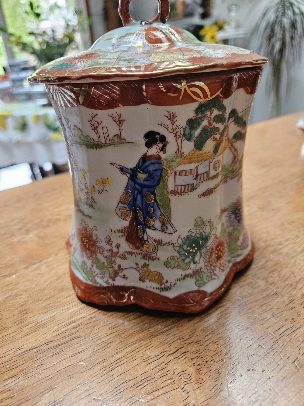 Decorative Asian-Inspired Porcelain Lidded Jar - Blue & Gold Accent